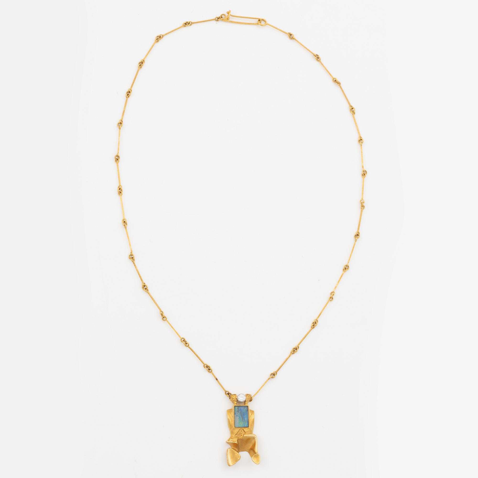Björn Weckström, Necklace, 18K gold with opal and a round brilliant-cut diamond, Finland 1978. By Lapponia.