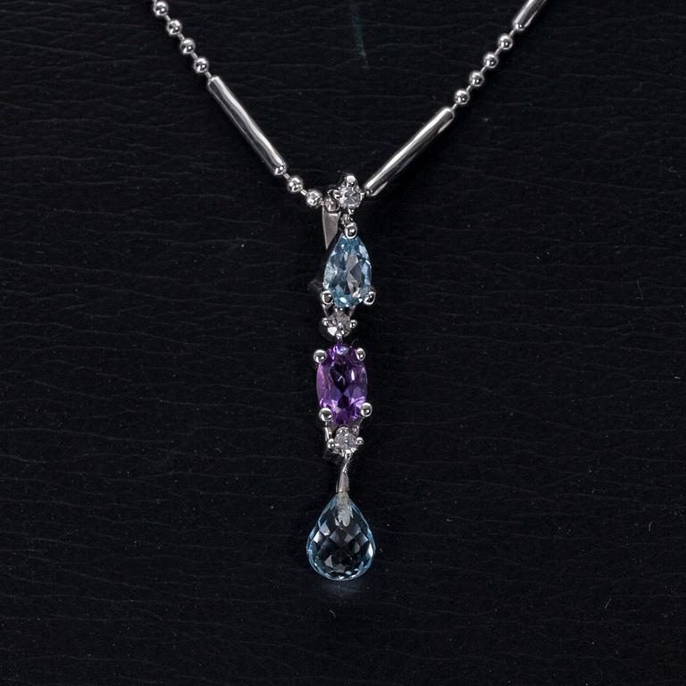 HÄNGE, 14K guld, 2 akvamariner, ametist, 3 små diamanter. Finska kontrollstämplar. Vikt 3,6 g.