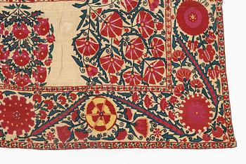 A 19th century Suzani embroidery, probably Nurata region, Uzbekistan, c. 243 x 175 cm.