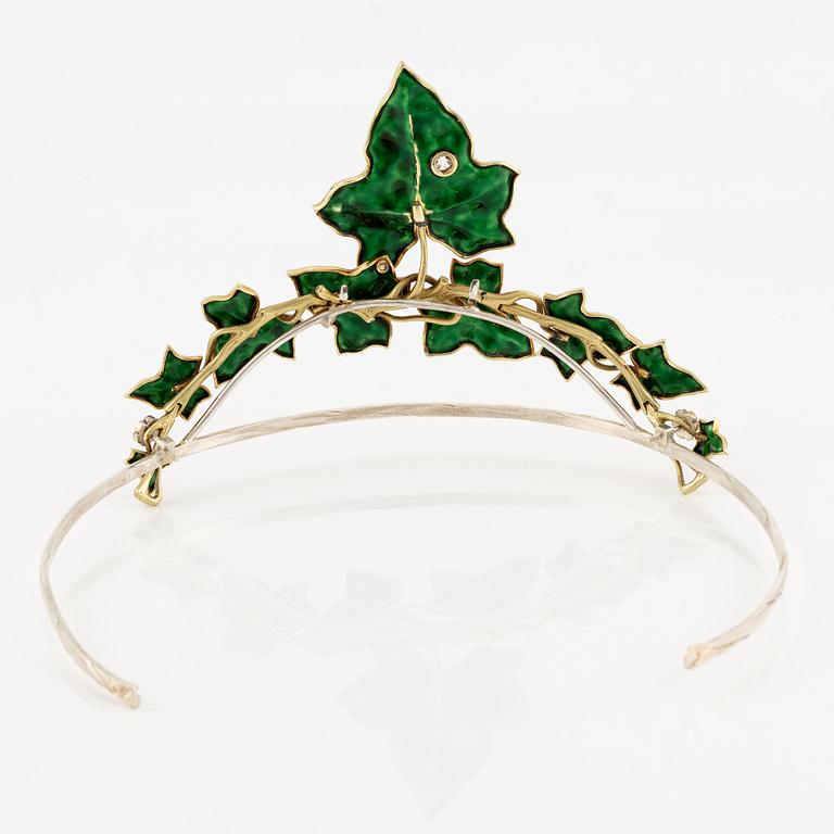 A necklace/tiara combination in 18K gold and green enamel set with old-cut diamonds.