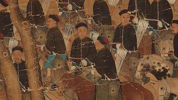 A large hand scroll of an imperial hunting part, Qing dynasty.