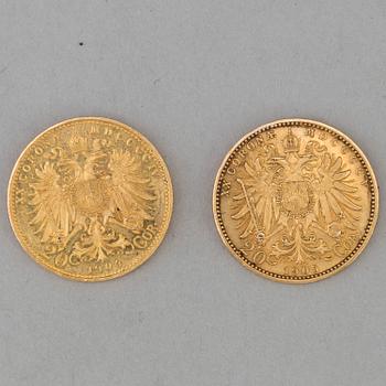 Two 20 kr gold coin, Austria-Hungary, 1904 and 1905.