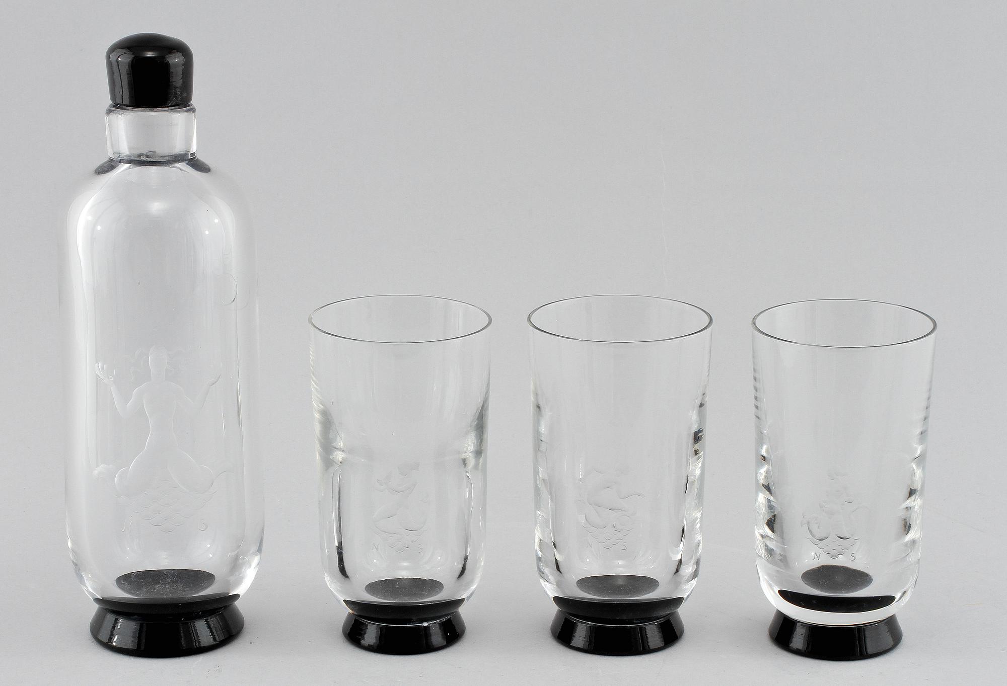 KARAFF samt GROGGLAS, 3 st, glas, Orrefors, 1933.