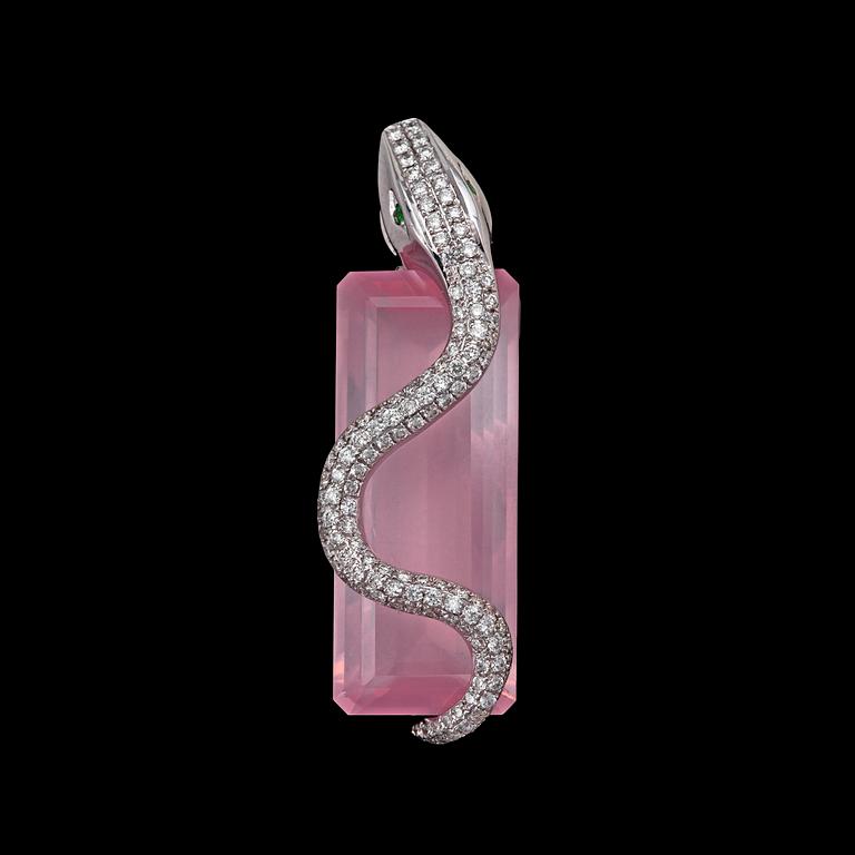 HÄNGSMYCKE, trappslipade rosenkvarts med briljantslipade diamanter, tot. ca 0.80 ct.
