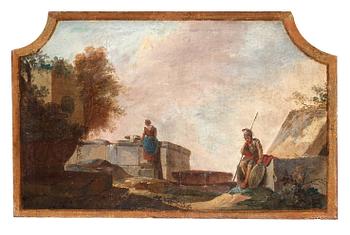 Johan Pasch Tillskrivna, Ruinlandskap med soldat och tvättande kvinna samt soldat och kvinnor vid brunn (2).