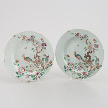 A pair of famille rose double peacock dishes, Qing dynasty, 18th century.