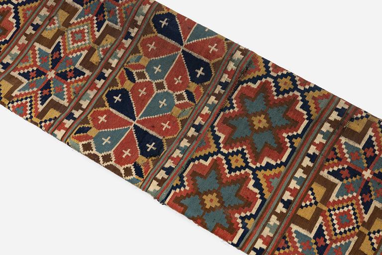 A flat weave 'Rosettes', Bench cushion c. 205 x 50 cm, Southwestern Scania, Sweden, first half of the 19th century.