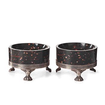 113. A pair of late Gustavian porphyry and silver salts. Silver maker's mark by Adam Tillström, Växjö 1799.