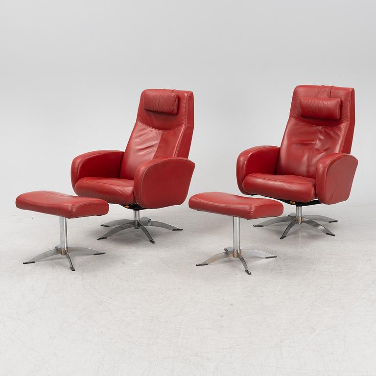 A pair of easy chairs with ottomans, model 'Harlem', Hjort Knudsen, Denmark, 21st Century.