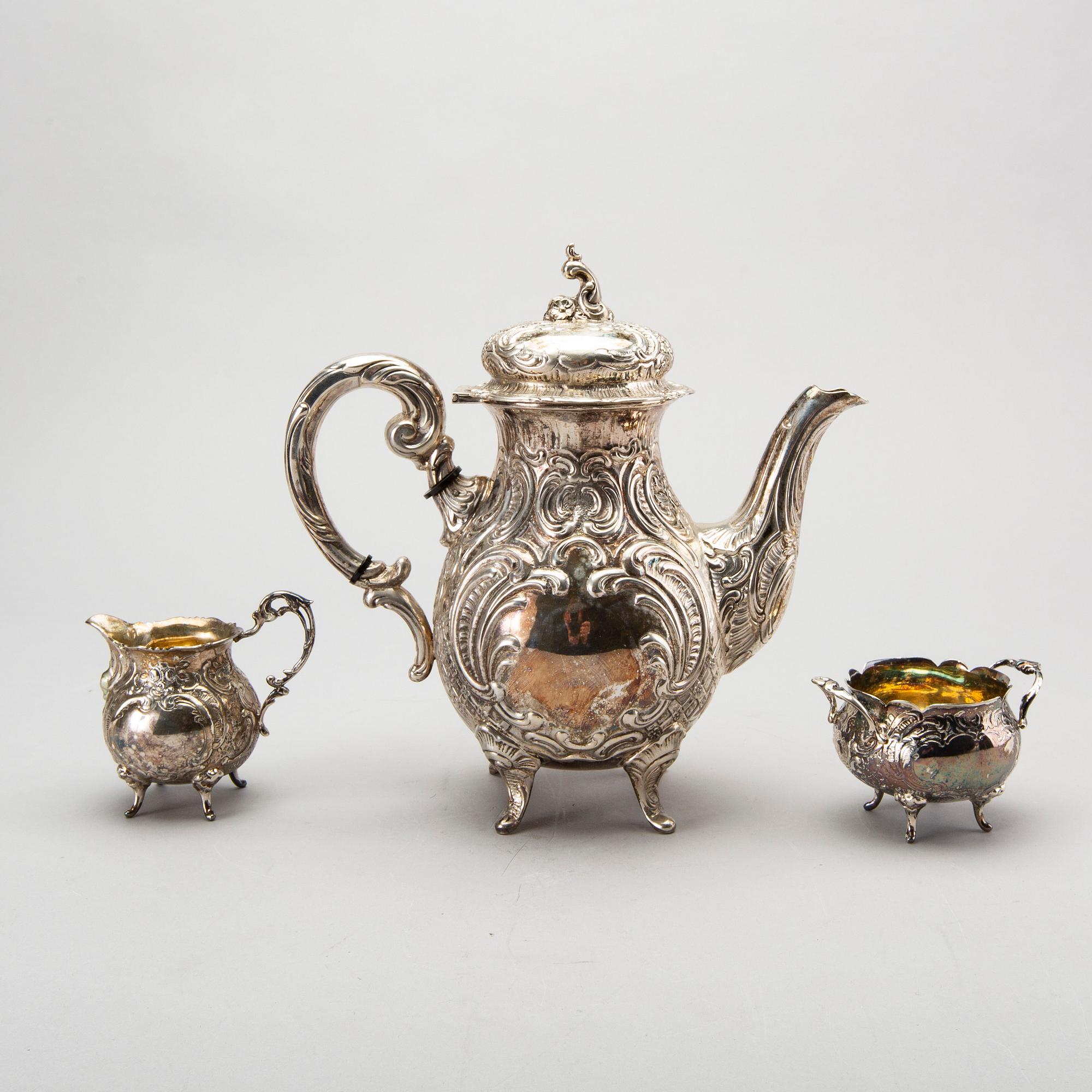 KAFFESERVIS, 3 delar, silver,  rokokostil.
