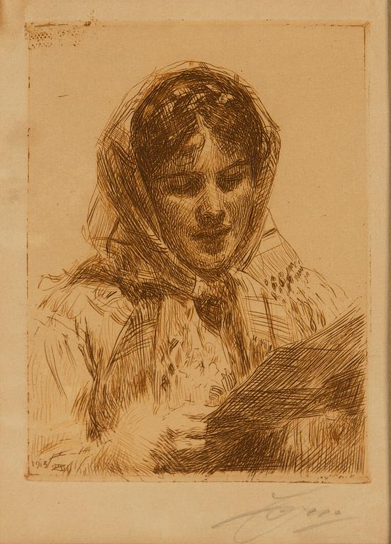 Anders Zorn, etsning, 1913, signerad i blyerts.