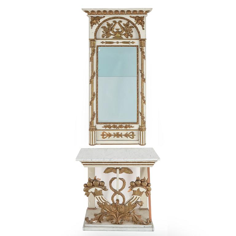 SPEGEL MED KONSOLBORD. Senempire, 1800-talets första hälft.