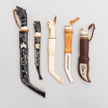 5 sami knives, some signed, sami handicraft / duodji, 20th century.