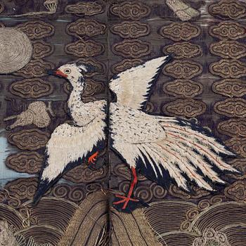 A Chinese embroidered silk rank badge of a Goose (yunyan), Qing dynasty, 18th century.