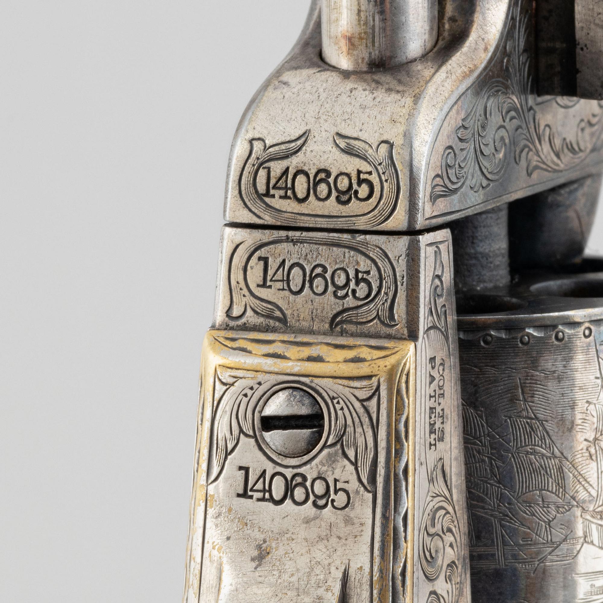 A percussion revolver, Colt 1851 Navy, in case, from the year 1863.