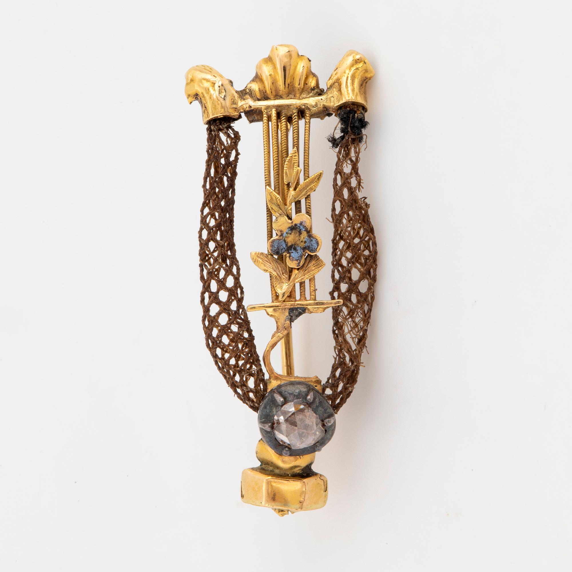 1800's brooch, hair, gold and rose-cut diamond.