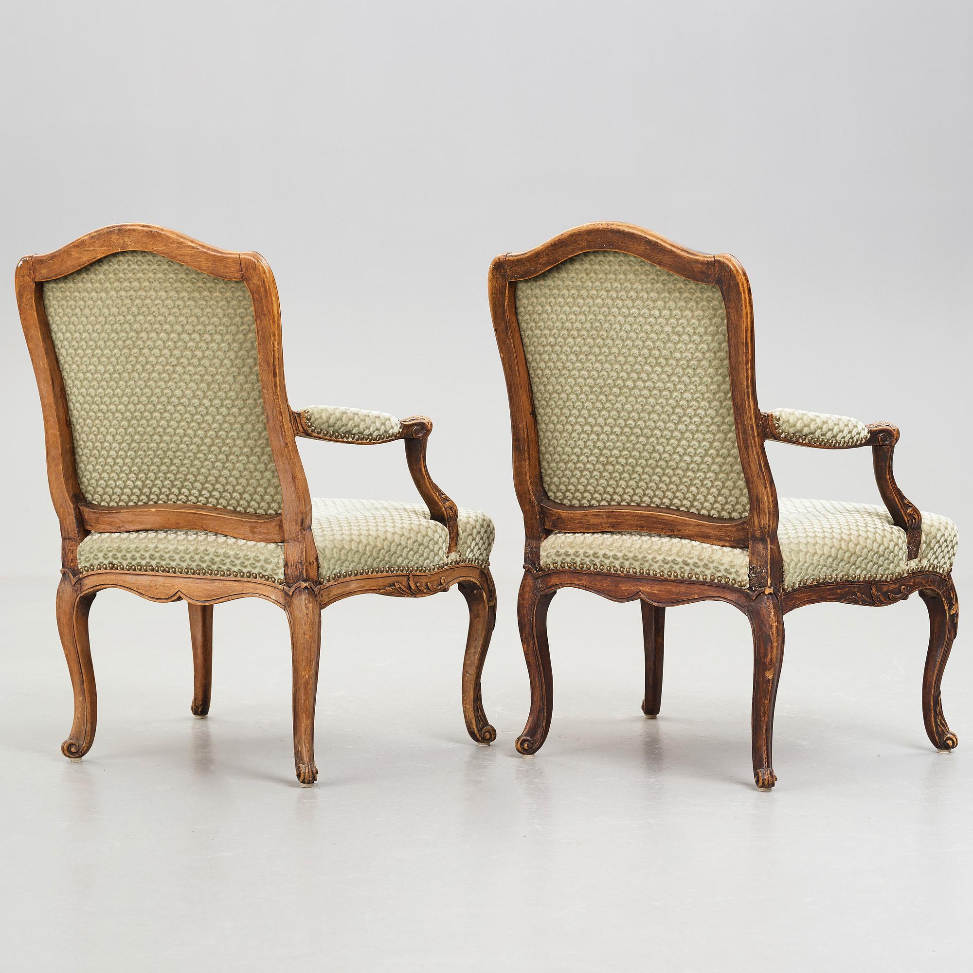 Seven French armchairs (two 18th century and five late 19th century).