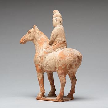 A painted pottery figure of an equestrian standard-bearer, Tang dynasty (618-907 AD.).