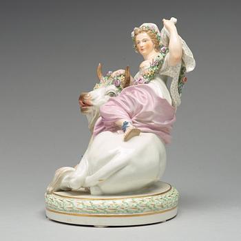 A Royal Copenhagen allegorical porcelain figure representing 'Europe and the Bull'. Denmark, 1920.