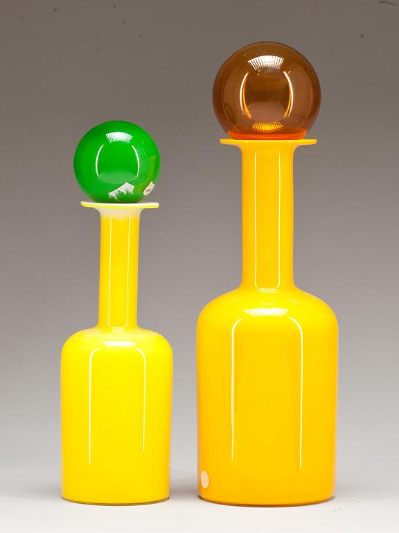 FLASKA med PROPP, 2 st, glas, Holmegaard, Danmark, 1900-talets mitt/andra hälft.