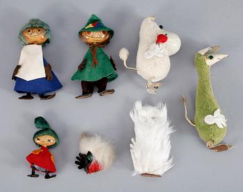 PARTI MUMINFIGURER Atelier Fauni SAMT BÖCKER, 13 delar, 1950-60-tal.