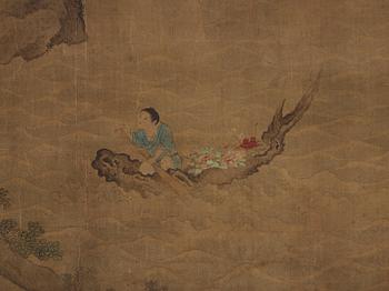 A hanging scroll of a landscape with figures, in the style of the Tang artist Zhu Niching, Qing dynasty, 19th century.