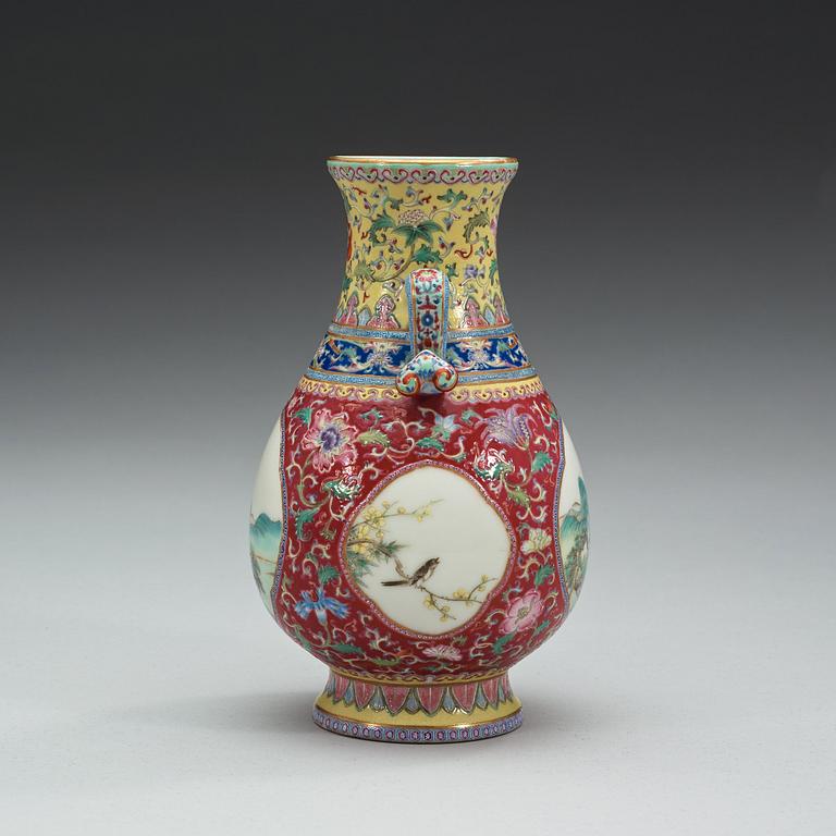 A pink and yellow ground famille rose vase, China, Republic, 20th Century with Qianlong seal mark.