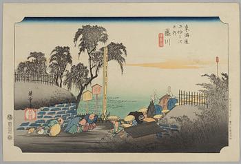 Ando Utagawa Hiroshige, after, three prints from "The Fifty-Three Stations of the Tōkaidō", 20th century.