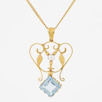 Pendant with chain, 18K gold and synthetic blue spinel, and pearl.