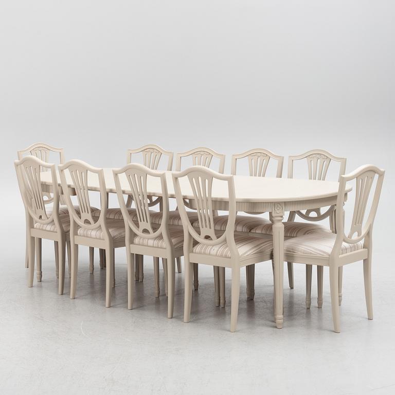 A Gustavian Style Dining Table and 10 Chairs, second half of the 20th Century.
