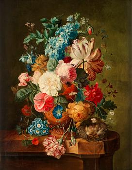 Paul Theodor van Brussel Äldre kopia efter, Stilleben med blommor, insekter och rede.