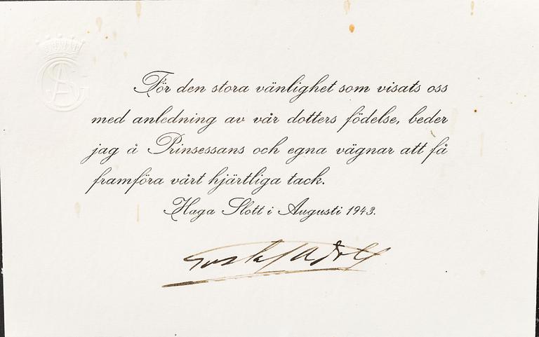 AUTOGRAF, Kronprins Gustaf Adolf, 1943.