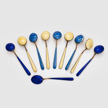 Tillander, a 12-piece set of enamelled and gilt silver coffee spoons, Helsinki.