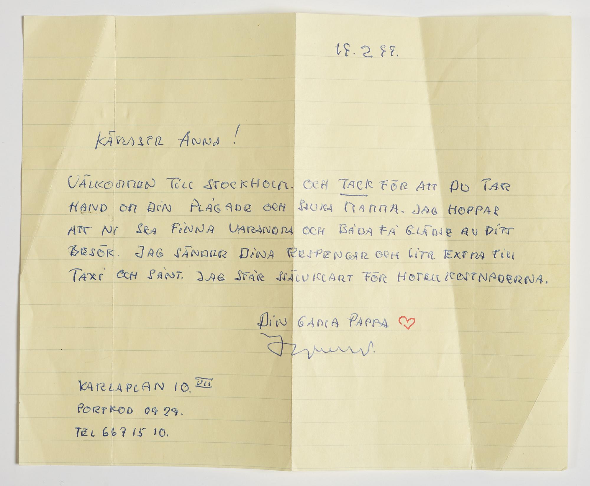 LETTER from Ingmar Bergman to his daughter Anna in Stockholm, dated Karlaplan 10, 19.2.(19)99. Envelope enclosed.