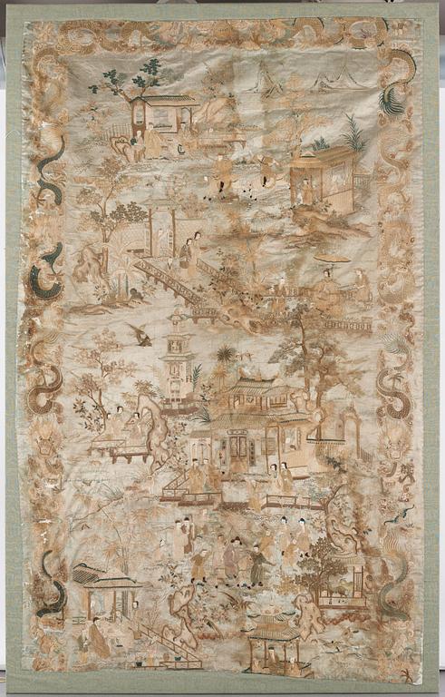 A large embroidered silk panel, Qing dynasty, circa 1800.