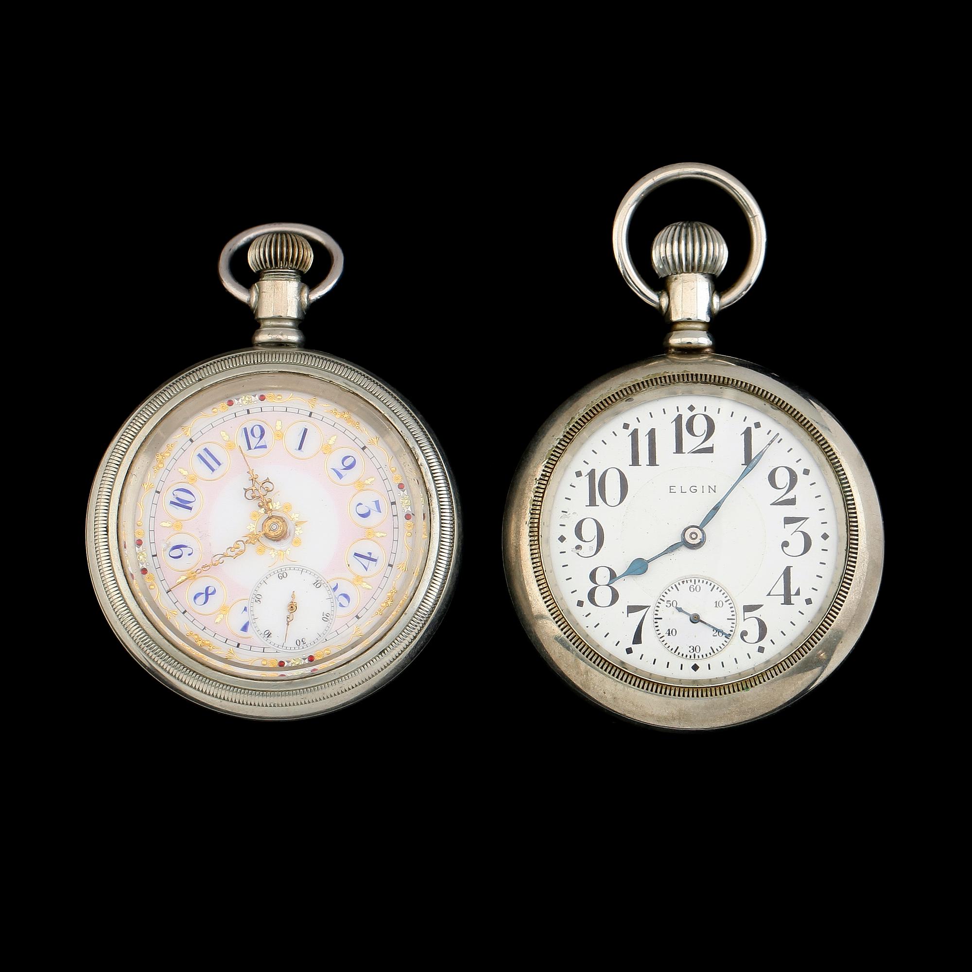 FICKUR, 2 st, nickel, bl a Elgin, omkring år 1900.