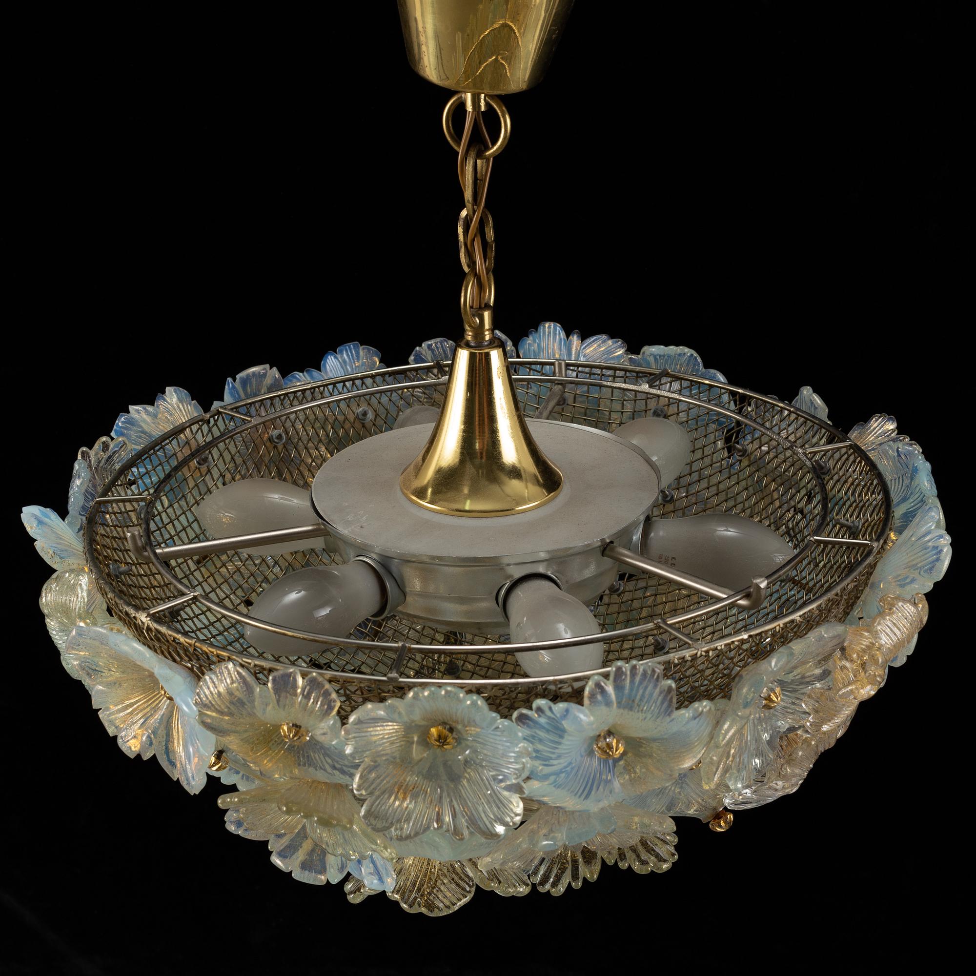 A 20th century brass and glass ceiling lamp.