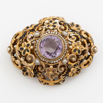 Brooch, gilded silver with amethyst and seed pearls.