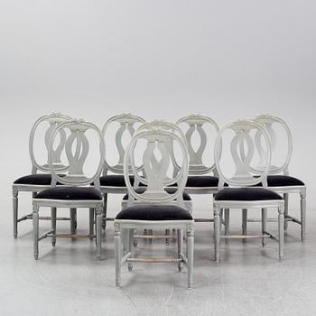 Eight second half of the 20th century Gustavian style chairs.