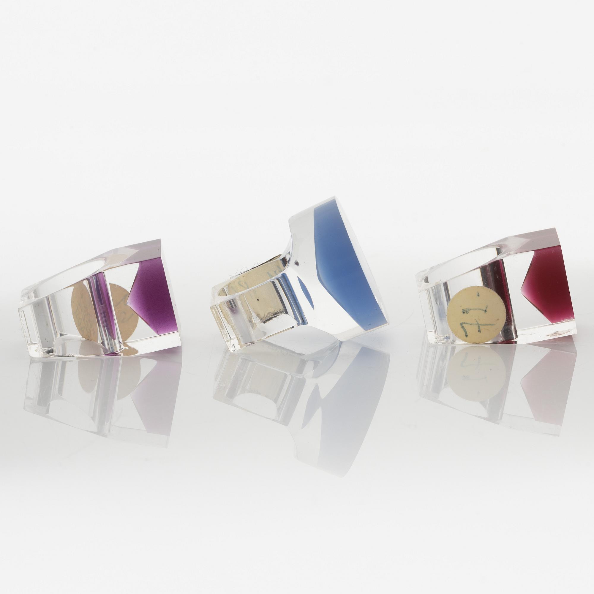 Siv Lagerström, three acrylic plastic rings, 1970s.