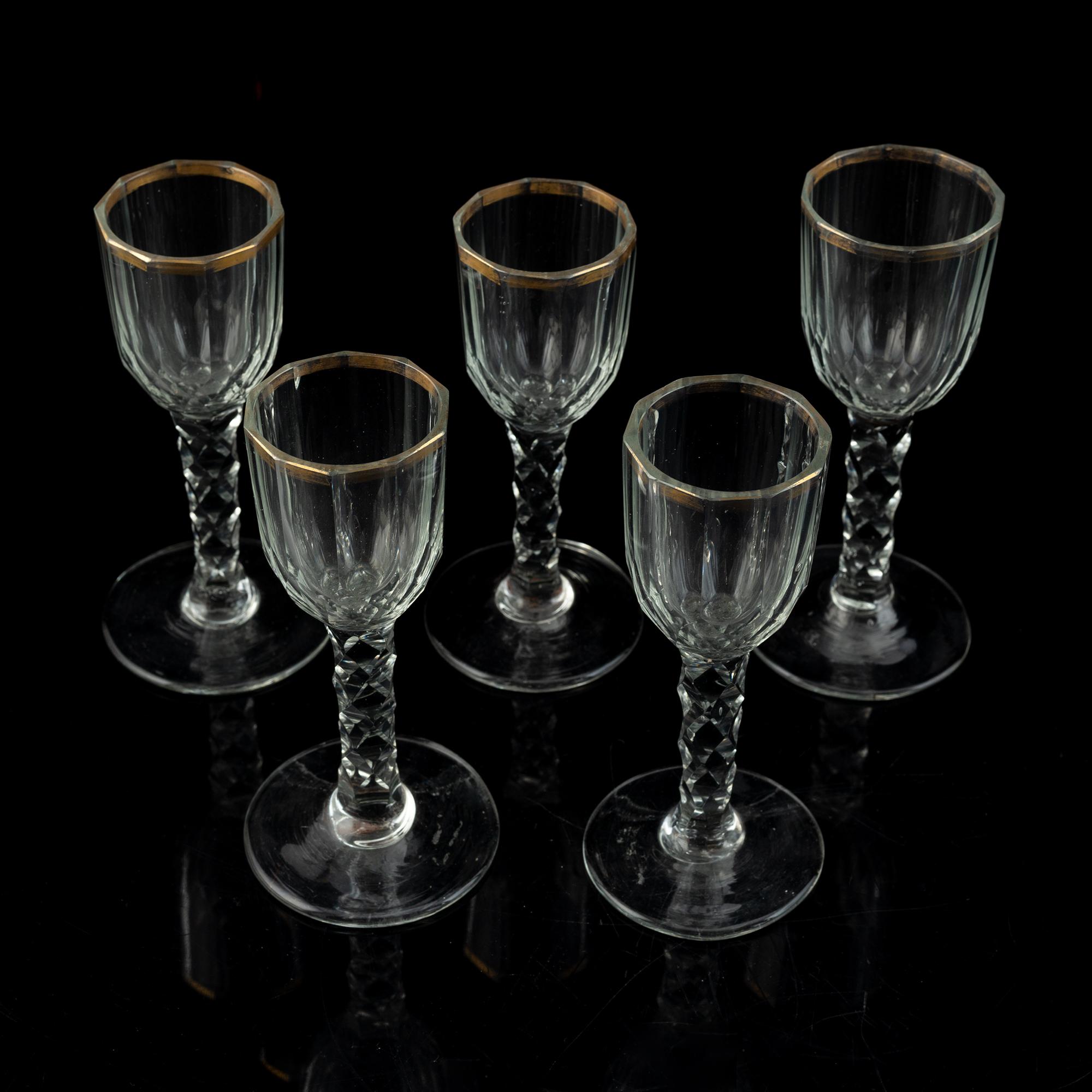 Five antique wine glasses, first half/mid 19th century.