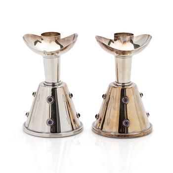 Tage Göthlin, candlesticks, a pair, silver with amethysts, Tesi, Gothenburg, 1960.