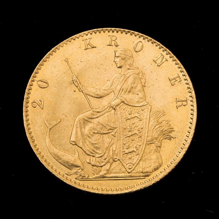 GULDMYNT, 20 kroner, Christian IX, Danmark, 1873. Vikt ca 9 gram.