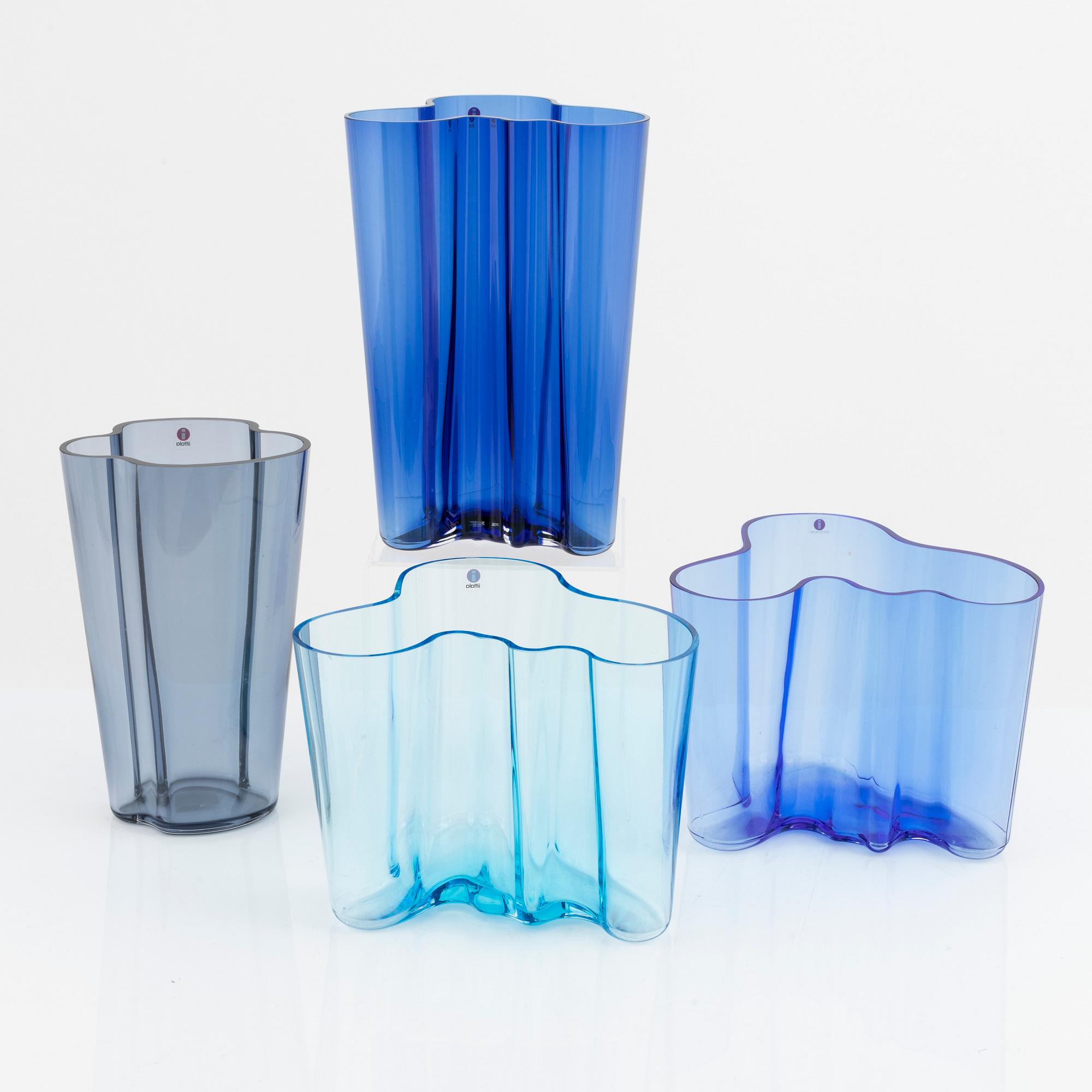 Alvar Aalto, four glass vases, Iittala, Finland.