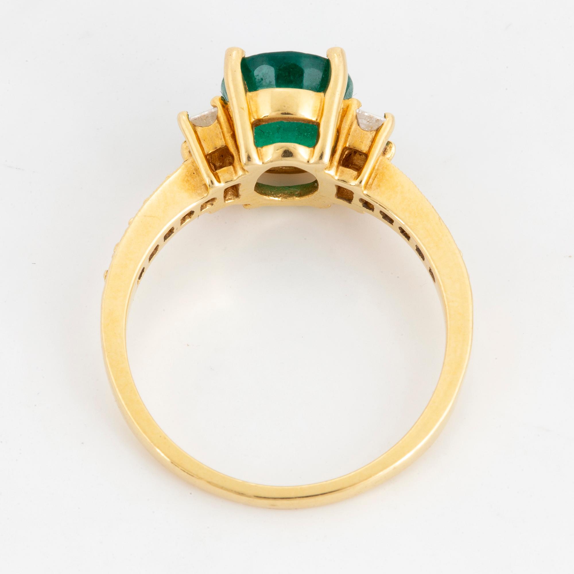Emerald, baguette and brilliant-cut diamond ring.