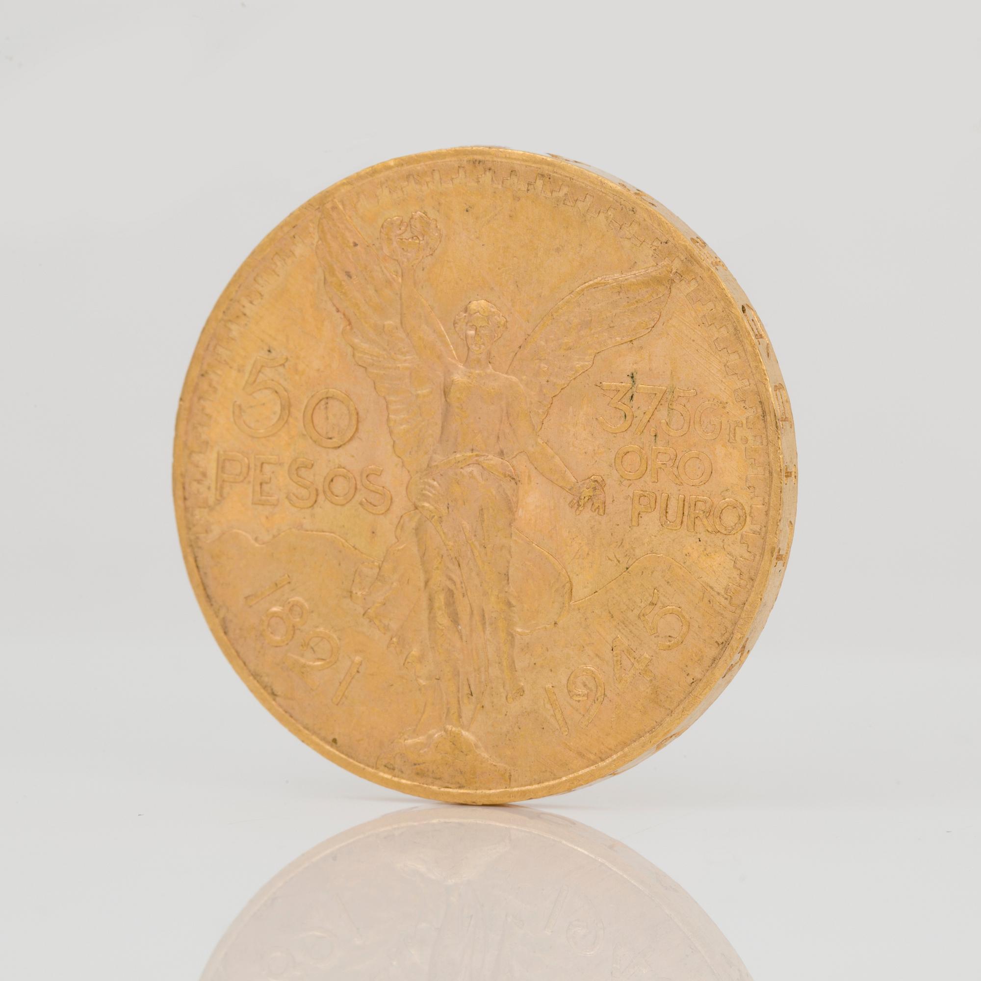 GULDMYNT, 50 Pesos Estados Unidos Mexicanos, Oro Puro. 21k, vikt ca 41 g.