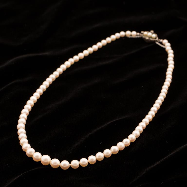 A collier with cultured akoya pearls and silver clasp.