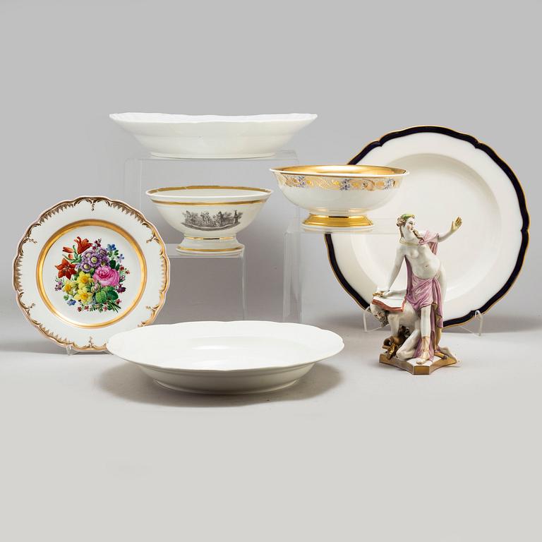 A set of three odd Berlin serving dishes, a set of two bowls and a dish and a figurine, 19th and 20th Century.