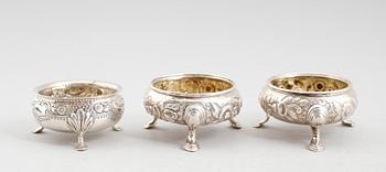 SALTKAR, 3 st, silver, England, 1800-/1900-tal. Total vikt  178 g.