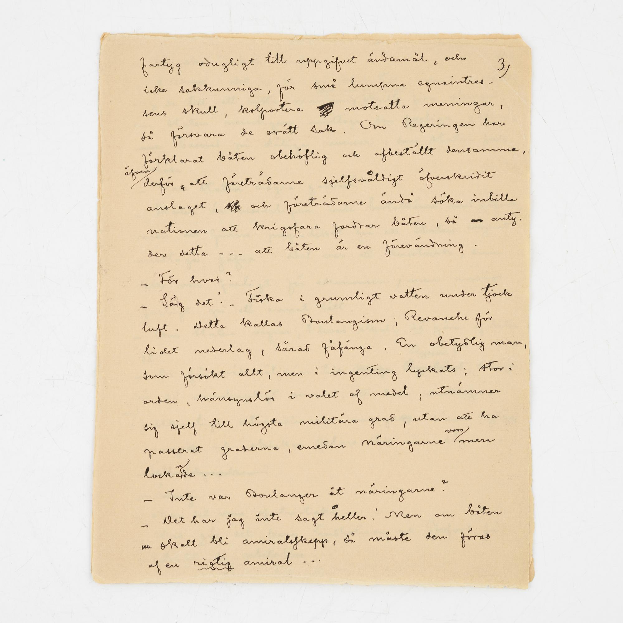 Egenhändigt kapitelmanuskript av Strindberg, 1912.